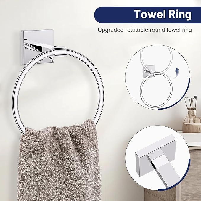 Towel Ring Set 4 Piece Bathroom Hardware Set Includes Towel Ring 2 Towel Hooks and Toilet Paper Holder Stainless Steel Wall Mounted (Polished Chrome) - ModernBath