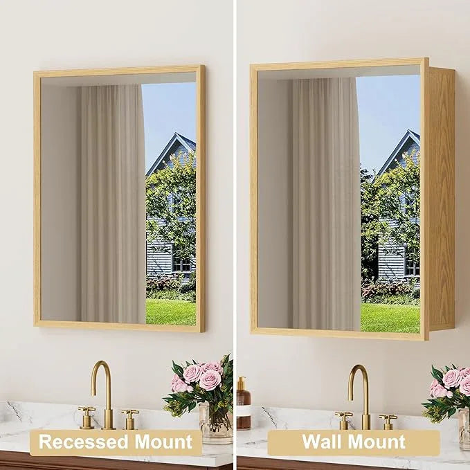24x30 Inch Wood Medicine Cabinet with Mirror, Surface or Recessed Mounted Bathroom Cabinets with Adjustable Shelves, Soft-Close Hinges, Wall Mounted Cabinet for Storage, Oak-Grain - ModernBath