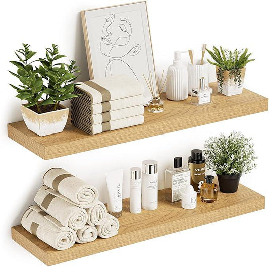 Vivelove 10 inches Deep Floating Shelves 36 inch Long, Large Oak Wall Shelves for Bedroom, Bathroom, Living Room, Kitchen, Office, Modern Shelf Home Decor with Invisible Bracket, Set of 2 Oak - ModernBath
