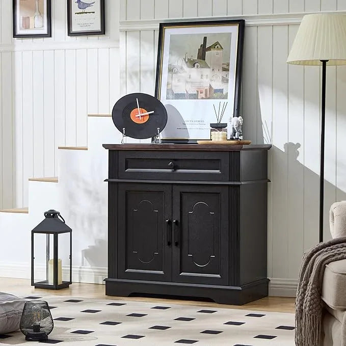 Black Farmhouse Storage Cabinet with 2 Doors and 1 Drawer, Adjustable Shelf, Freestanding Kitchen Pantry Cabinet, Modern Buffet Sideboard Coffee Bar Cabinet Living Room Bathroom Dining Room - ModernBath