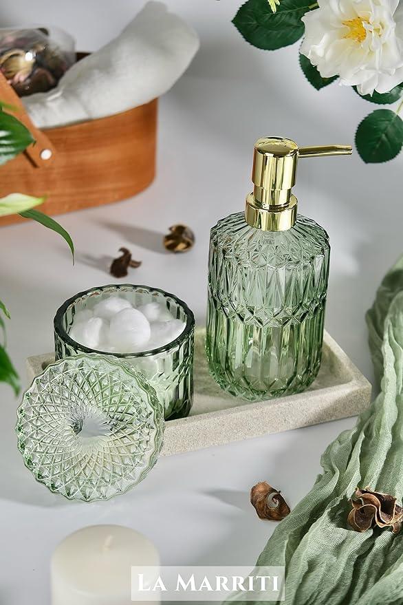 LaMarriti 4pcs Glass Bathroom Accessories Set, Clear Green Bathroom Soap Dispenser Set, Toothbrush Holder, Soap Dish, Soap Dispenser, Qtips Holder Set for Crystal Vintage Bath Decor (Green) - ModernBath
