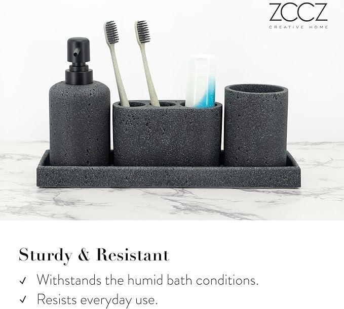 ZCCZ - Black Bathroom Accessories Set 4 Pcs - Toothbrush Holder, Soap Dispenser, Vanity Tray, Bathroom Tumbler - Countertop Vanity Organizer - Bathroom Accessory Set- Toothbrush Holder Set, Stone Sets - ModernBath