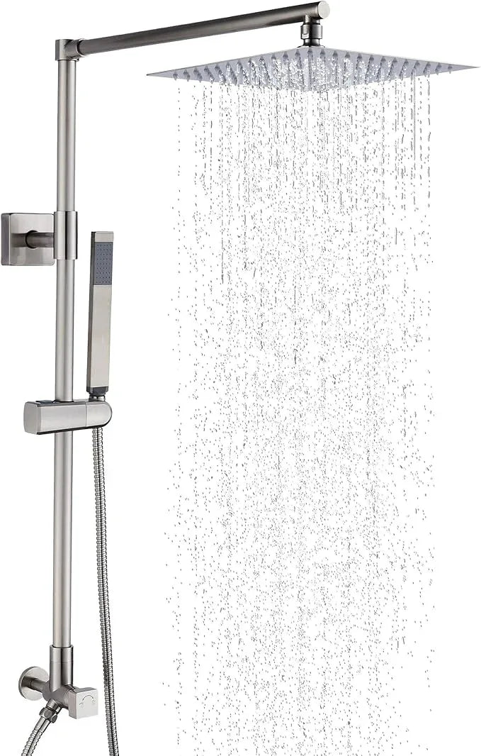 Fennocasa Polaris Lux Rain Shower System, includes 10” Square Rainfall Shower Head and Handheld Shower Combo, Height Adjustable Spray Holder, Retrofit, 60” Hose (2.5 GPM Brushed Nickel) - ModernBath