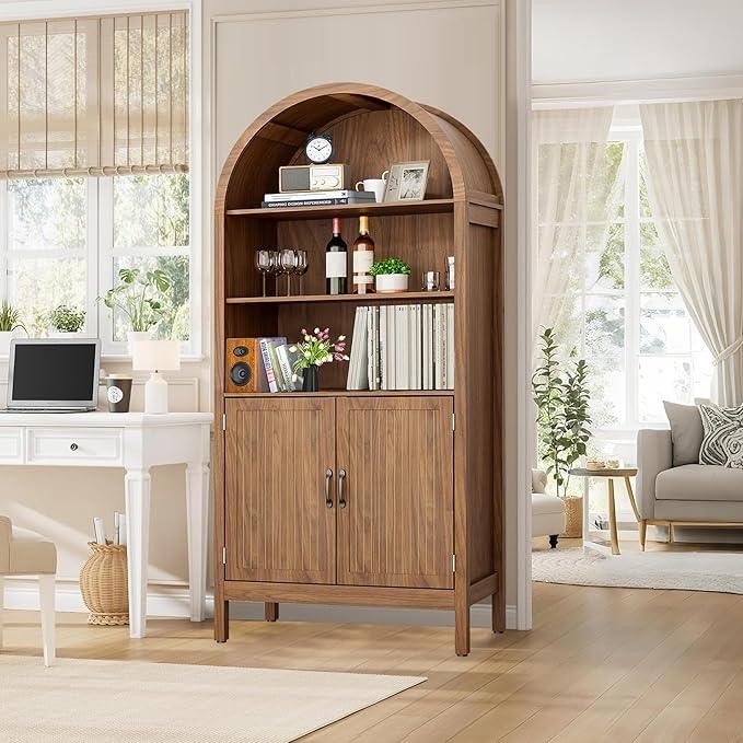 70.9" Tall Storage Cabinet with Fluted Doors, Arched Freestanding Cabinet with 5 Shelves, Wooden Bookcase Storage Cabinet Suitable for Living Room, Dining Room, Bathroom - ModernBath