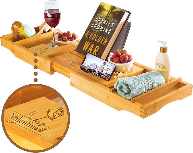 Personalized Bathtub Tray - Engraved Foldable Bamboo Bath Caddy, Tub Tray with Expandable Sides, Luxury Wooden Bath Table for Relaxation Spa - Customized Gift for Mom, Wife, New Home - ModernBath