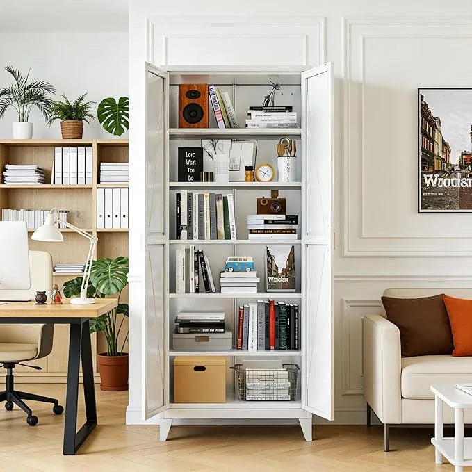 75" H Metal Pantry Cabinet, Kitchen Pantry Storage Cabinets with 5 Adjustable Shelves, for Home Office Bathroom, Required Assembly, White - ModernBath