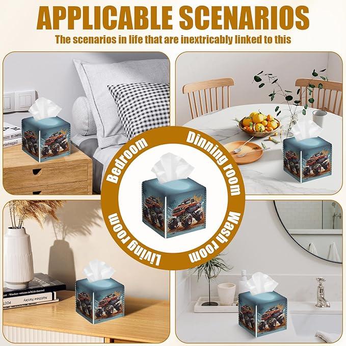 Monster Truck Tissue Box Cover 2PCS, Leather Tissue Box Holder Square Facial Paper Case Tissue Box Cube Organizer for Bathroom Bedroom Desk Office - ModernBath