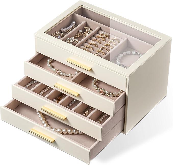 pickpiff Jewelry Box Organizer Case for Women: 4-Layer Jewelry Storage Case with Glass Window, Ivory Leather with Pink Velvet, Holder for Ring Necklace Bracelet Brooch Watch, Great Gift for Her - ModernBath