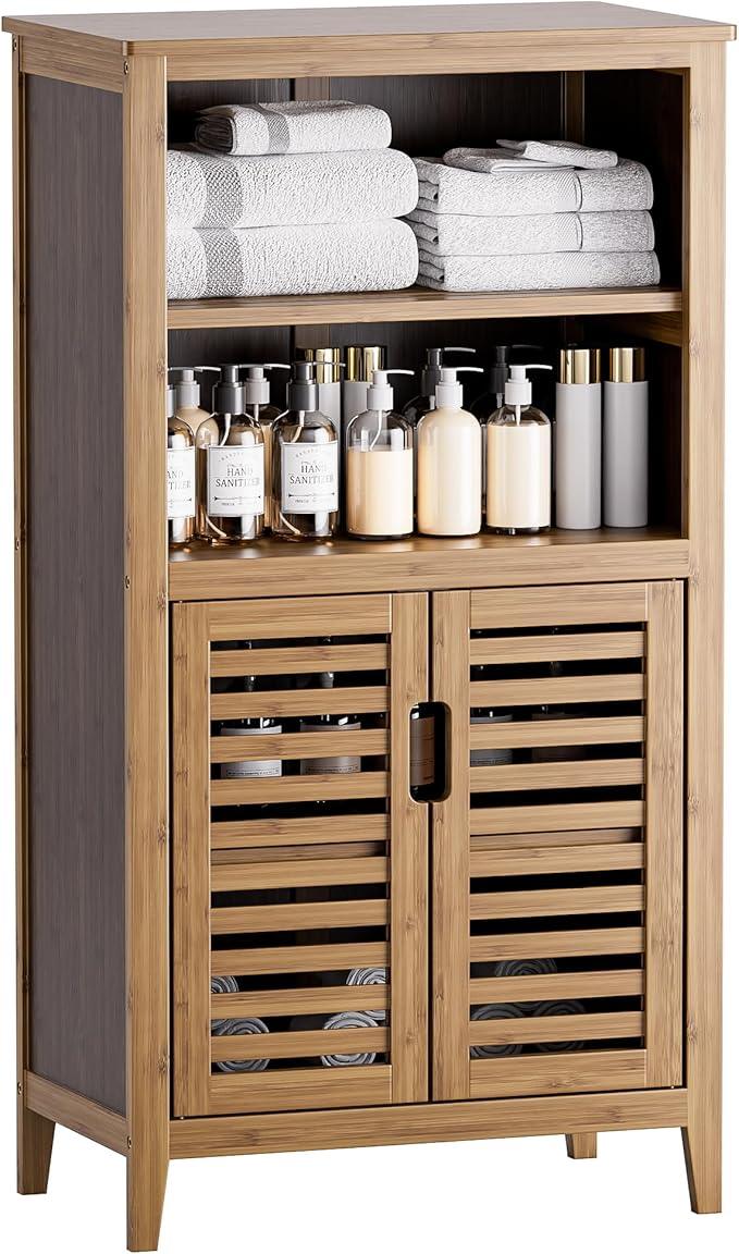 HITNET Walnut Bathroom Floor Cabinet, Bamboo Side Tall Storage Organizer, Freestanding Kitchen Cupboard with Door and Removable Shelf - ModernBath