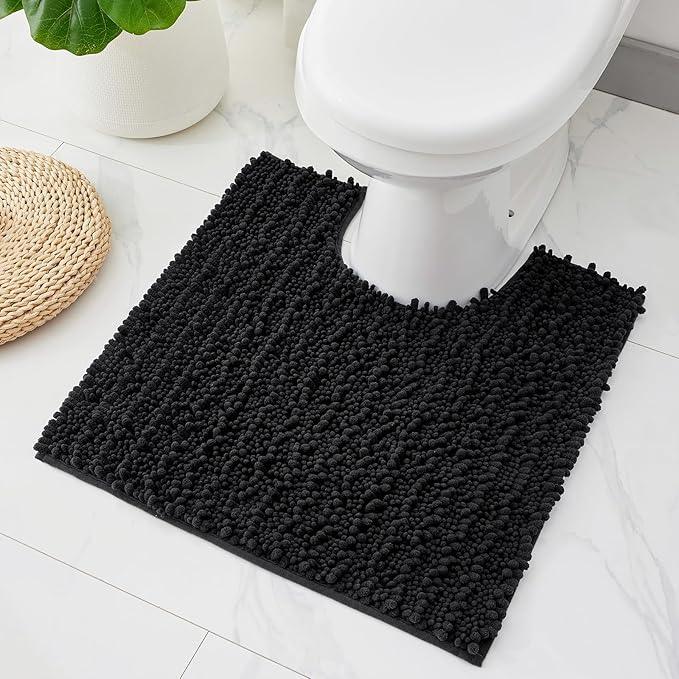 ILANGO Toilet Rugs U Shaped Black 24x24 Bathroom Rugs,Extra Soft Absorbent Chenille Bath Rugs,Thick Non-Slip Shaggy Bath Mat,Machine Washable Quick Dry Bath Mats for Toilet Contour - ModernBath