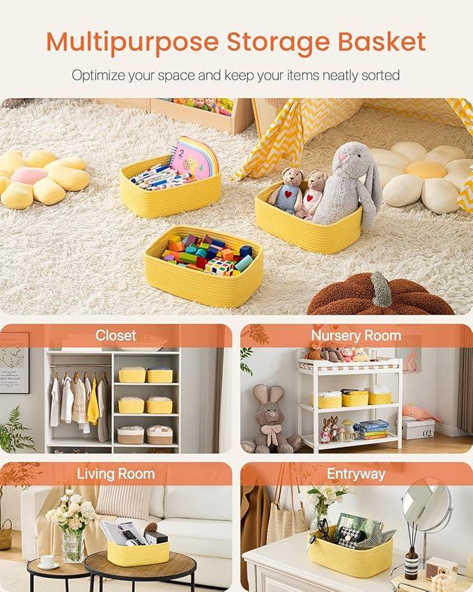 Small Woven Basket, 12 x 8 x 4.5 Inches, Storage Basket for Organizing, Cute Small Rope Shelf Closet Cube Storage Bins Baskets for Shelves, Dog Toy Gift Baskets Empty, 3 Pack Yellow - ModernBath