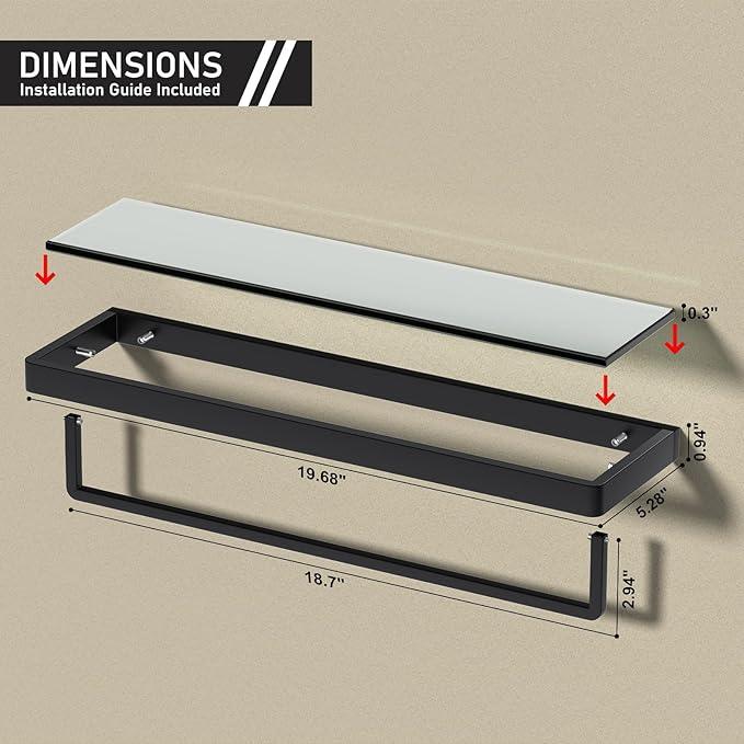 Floating Glass Shelves for Bathroom 20-in with Towel Bar/Tempered Glass Rectangular 1 Tier Organizer Shelf (Matte Black, 20'') - ModernBath