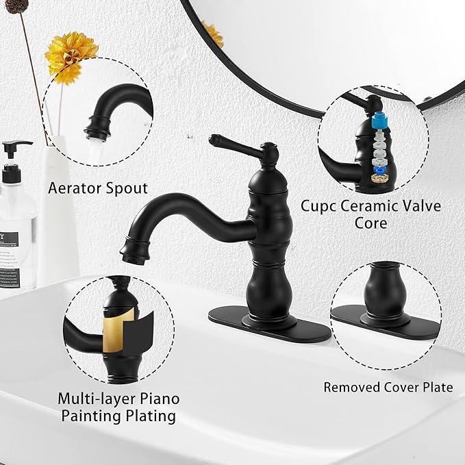 Matte Black Bathroom Faucet GGStudy 360° Swivel Bathroom Vanity Faucet Single Handle One Hole Black Bathroom Sink Faucet Basin Matching Pop Up Drain with Overflow - ModernBath