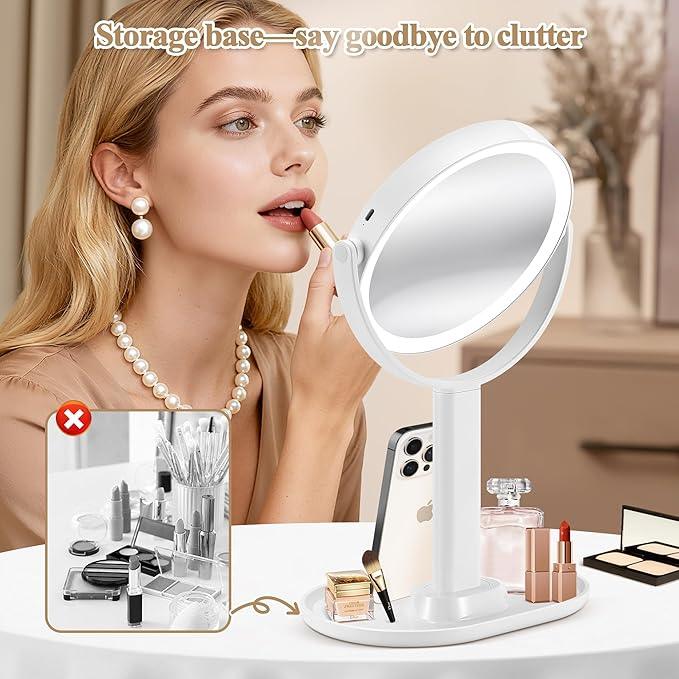 MOMOKUBA Makeup Mirror with Lights, Double Sided 1x/20x Magnifying Mirror with Light, Rechargeable 3 Color Lights and Adjustable Brightness, 360° Rotation Detachable Comes with Tweezer(White) - ModernBath