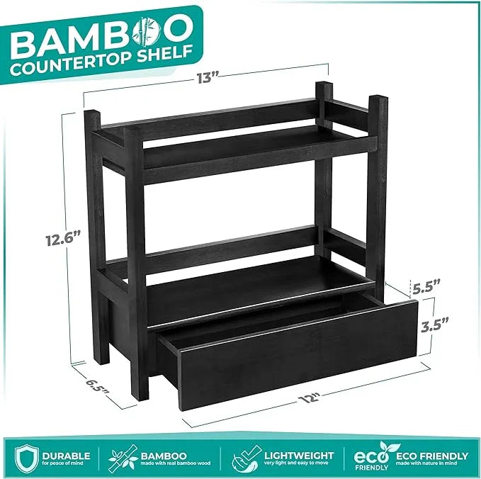 Sorbus Bamboo Bathroom Counter Organizer – 2-Tier Shelf with Hidden Drawer for Vanity, Matcha Station, Bathroom Sink Organizer Countertop, Kitchen & Office Storage (13″ L x 6.5″ W x 12.6″ H) (Black) - ModernBath