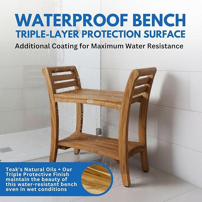 EcoDecors Symmetry 24 Inch Natural Color Waterproof Teak Wood Shower Bench Stool Seat Chair For Inside Shower Storage Shelf Provides Safety, Storage, and Organization For Bathroom Accessories - ModernBath