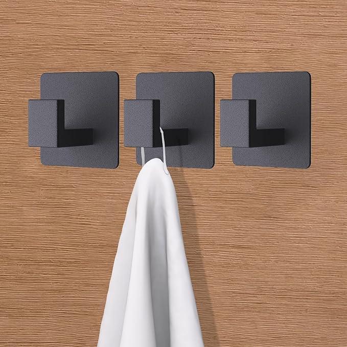 VAEHOLD 6 Pack Adhesive Towel Hooks, Heavy Duty Wall Hooks Aluminum Black Hooks for Hanging Coat, Hat, Towel, Robe, Clothes, Shower Hook for Door, Office, Kitchen, Bathroom (Black) - ModernBath