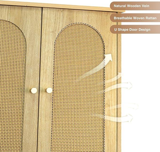 Rattan Toilet Storage Cabinet, Over the Rack Wood Cabinet with Metal Stand, Bathroom Organizer with Adjustable Shelf, Tall Freestanding Washer Shelf, Small Cupboard, Space Saver, Natural style - ModernBath