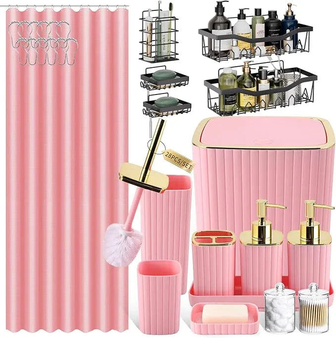 XLHOMO 28PC Bathroom Set - Gorgeous Pink Bathroom Set, Bathroom Accessory Set, Pink Shower Curtain Set with 5PC Shower Caddy - ModernBath