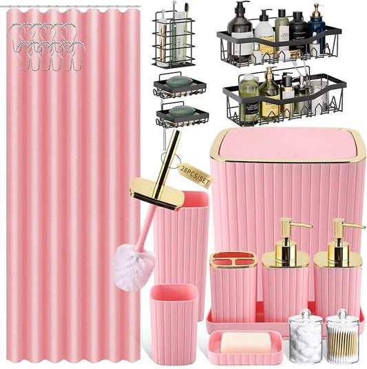 XLHOMO 28PC Bathroom Set - Gorgeous Pink Bathroom Set, Bathroom Accessory Set, Pink Shower Curtain Set with 5PC Shower Caddy - ModernBath