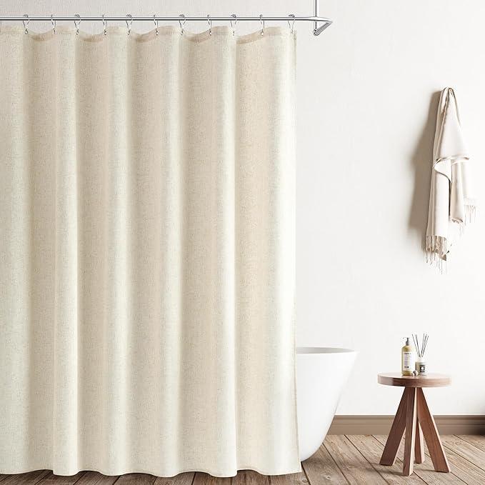 Naturoom Extra Long Light Beige Shower Curtains 92 Length Natural Linen Fabric Shower Curtain Set Tall Bath Curtain with See Through Top Window and Hooks Country Farmhouse Style,Light Beige,72x92 - ModernBath