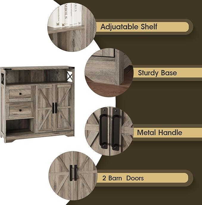 Fameill Farmhouse Storage Cabinet with Drawers and Open Storage,Freestanding Kitchen Pantry with 2 Barn Doors, Floor Cabinet with Adjustable Shelf for Living Room,Grey - ModernBath