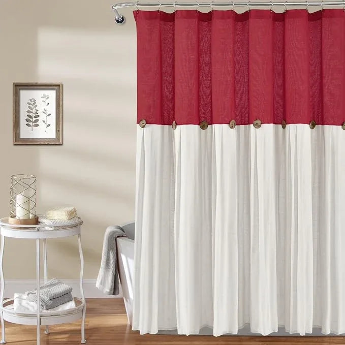 Lush Decor Linen Button Shower Curtain, 72" W x 72" L, Red & Off White - Red Bathroom Curtain - Fabric Shower Curtains - Farmhouse Bathroom Decor - ModernBath
