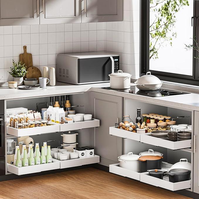 2 Pack Pull Out Cabinet Organizer, Slide Out Drawer Expandable Width (12"-19") and Depth (17"-23") With 3 Slides, Fixed with Adhesive Film or Nail for Cabinets in Kitchen, Pantry or Bathroom - ModernBath