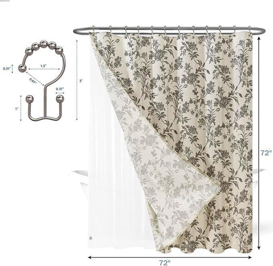 3 in 1 Shower Curtain with Liner and Hooks Black Floral Cotton Linen Shower Curtain for Bathroom 72" W x 72" L Double Layer Shower Curtain - ModernBath