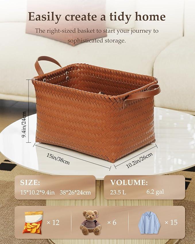 15x10x9 Woven Laundry Basket Hamper, Storage Basket for Clothes Blankets, 4-Pack Wicker Bin for Closet Shelves Bedroom Bathroom, Brown - ModernBath