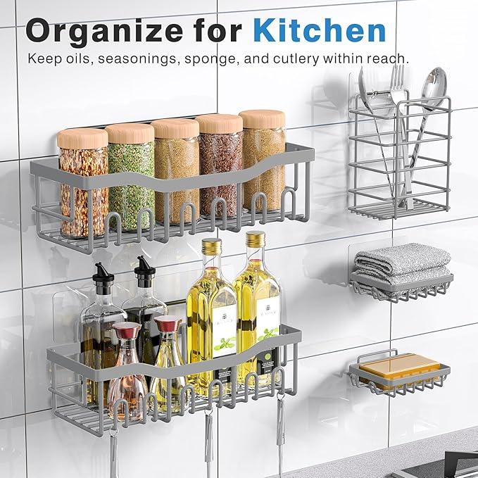 EUDELE 5-Pack Rustproof Stainless Steel Shower Caddy – No Drill Adhesive Bathroom Organizer with Large Capacity, Spacious Shower Shelves for Inside Shower, Kitchen & Home Decor Storage-XL Size - ModernBath