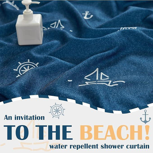jinchan White and Navy Blue Nautical Shower Curtain Kids Cartoon Printed Waterproof Fabric Shower Curtains for Bathroom Ocean Sailboat Simple in Bath with 12 Hooks 70x72 Inches - ModernBath