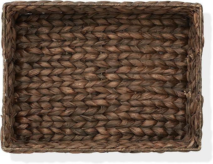 Casafield Set of 4 Water Hyacinth Pantry Baskets, 12-1/2" x 17" x 5", with Chalkboard Labels and Chalk Marker - Espresso, Woven Storage Bin Organizers for Kitchen Shelves - ModernBath