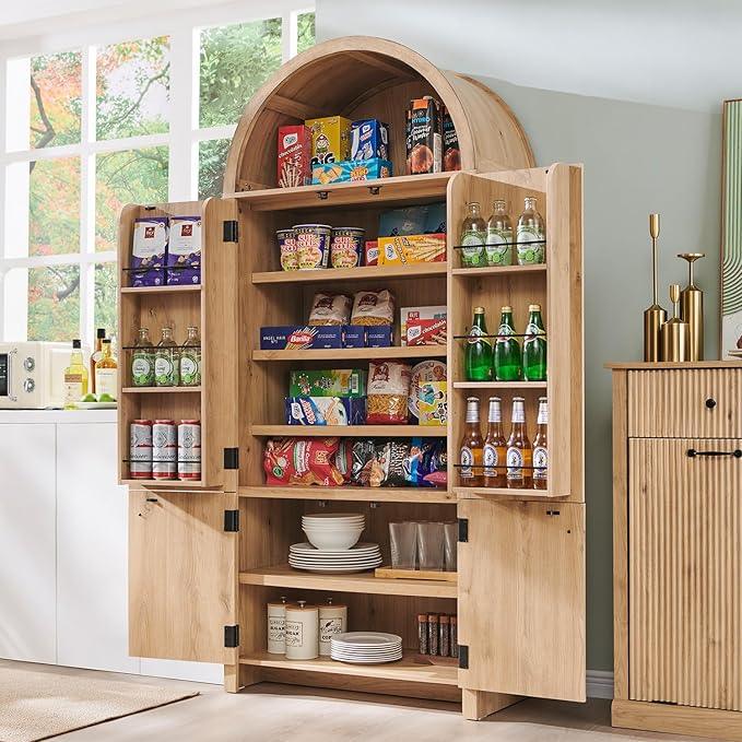 71" Tall Arched Bathroom Storage Cabinet, Modern Fluted Storage Cabinet w/Doors, 3 Adjustable Shelves, 6 Door Shelves, Wood Freestanding Cabinet for Bathroom, Entryway, Hallway, Natural - ModernBath