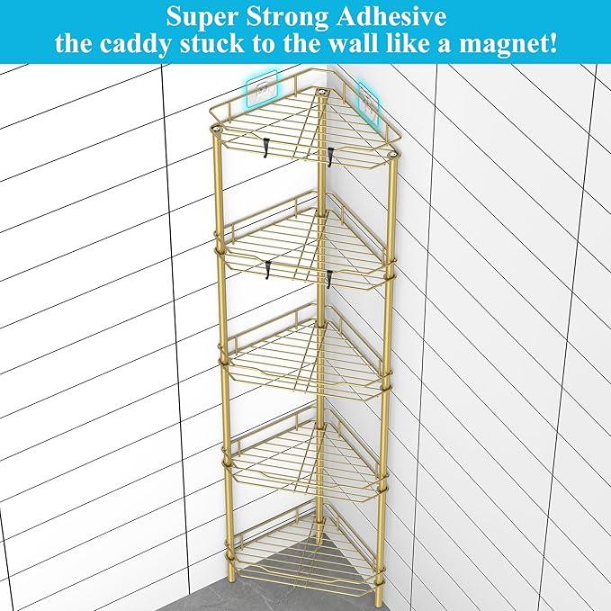 5 Tier Floor Standing Corner Shower Caddy Organizer Shelf with Hooks, Bathroom Shelves Stand Rack, Gold - ModernBath