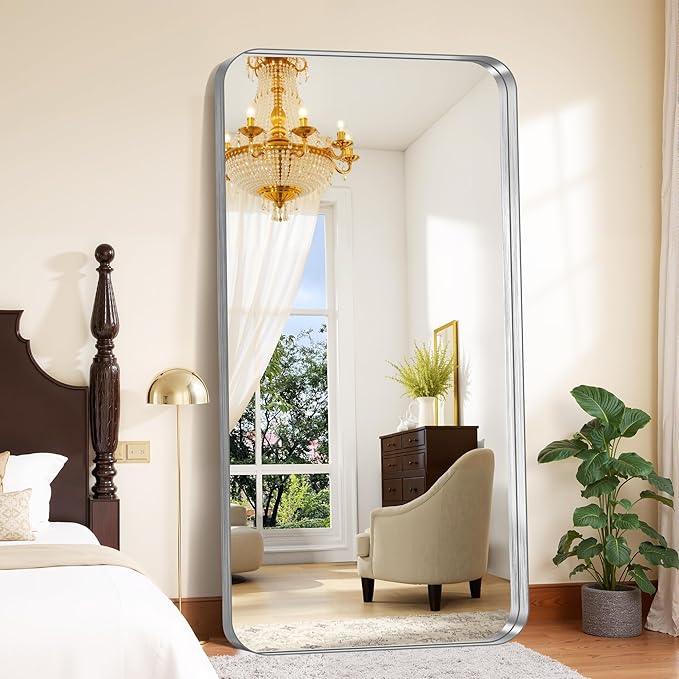FORBATH 72x36 Inch Oversized Bathroom Mirror for Double Sinks, Brushed Silver Deep Frame Full Length Wall Mirror with Rounded Corners, Anti-Rust Tempered Glass (Horizontal/Vertical) - ModernBath