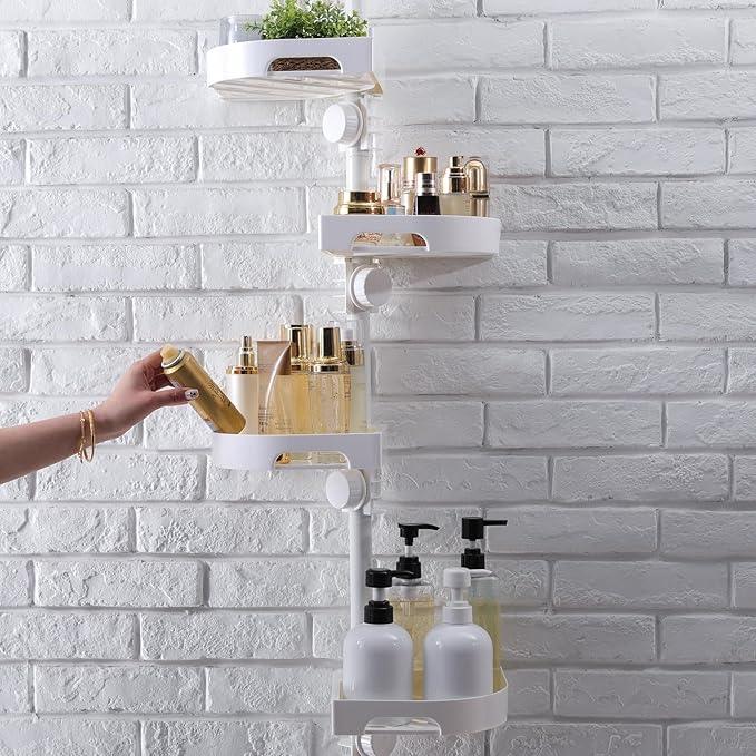 shuang qing 4-Tier Corner Shower Caddy Tension Pole Organizer - Adjustable Rustproof Metal Tension Pole, Plastic Shelves with Safety Guardrail, Bathroom Storage for Shower & Bathtub(White) - ModernBath