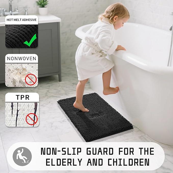 Yimobra Washable Bathroom Rugs, Super Soft & Absorbent Chenille Bath Mat for Floor & Carpet, Quick Dry Non Slip Bath Mat for Tub Shower, 32"x20",Black - ModernBath