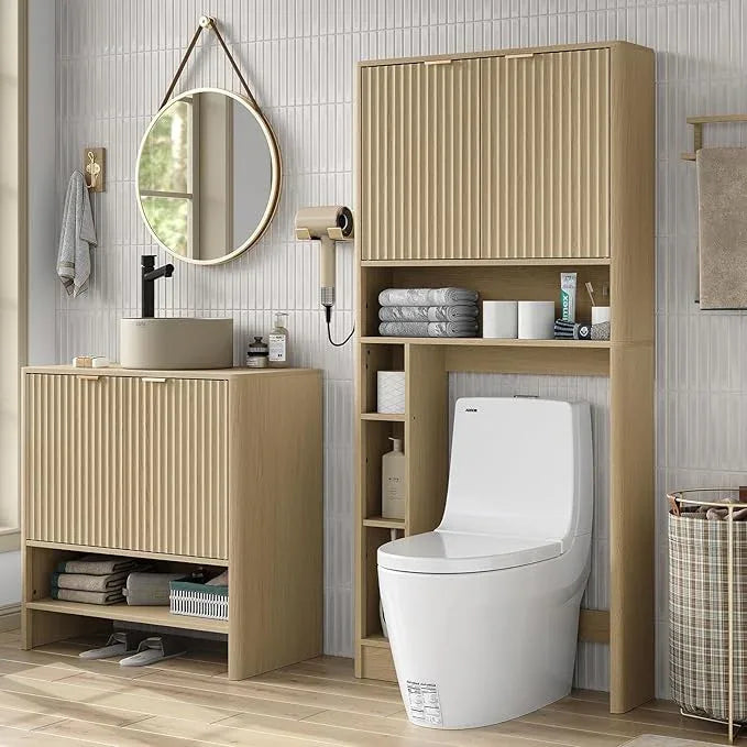 Furnideco 31''W Over Toilet Storage Cabinet Modern Above Toilet Shelf Cabinet with Fluted Doors & Toilet Paper Storage Holder for Bathroom, Natural Oak - ModernBath
