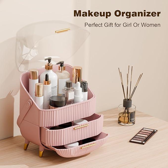 lurcns Makeup Organizer for Vanity Cosmetics Skincare Organizers with Lid and Drawers Display Cases for Countertop (Pink) | for Vanity, Organizers, with Lid, and Drawers, for Countertop - ModernBath