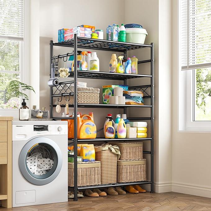Storage Shelves 5-Tier Large Capacity Wire Shelving with Hooks, Heavy Duty Garage Shelving Unit with Leveling Feet, Stable Metal Shelf for Pantry, Kitchen and Closet, 72" H x 36" W x 12" D, Black - ModernBath