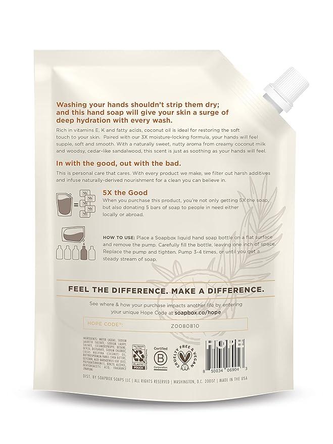 Soapbox Liquid Hand Soap Refill, Coconut Milk & Sandalwood, Vegan, Paraben Free, Moisturizing, Natural Hand Wash for Kitchen and Bathroom, 64oz Half Gallon Refill (Pack of 1) - ModernBath