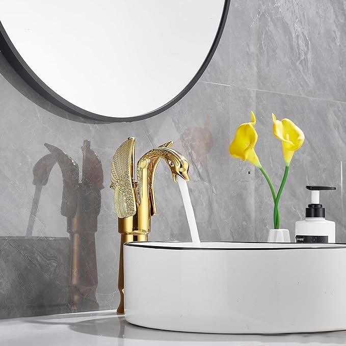 GGStudy Gold Swan Shape Single Handle One Hole Bathroom Vessel Sink Faucet Deck Mount Lavatory Sink Faucet - ModernBath