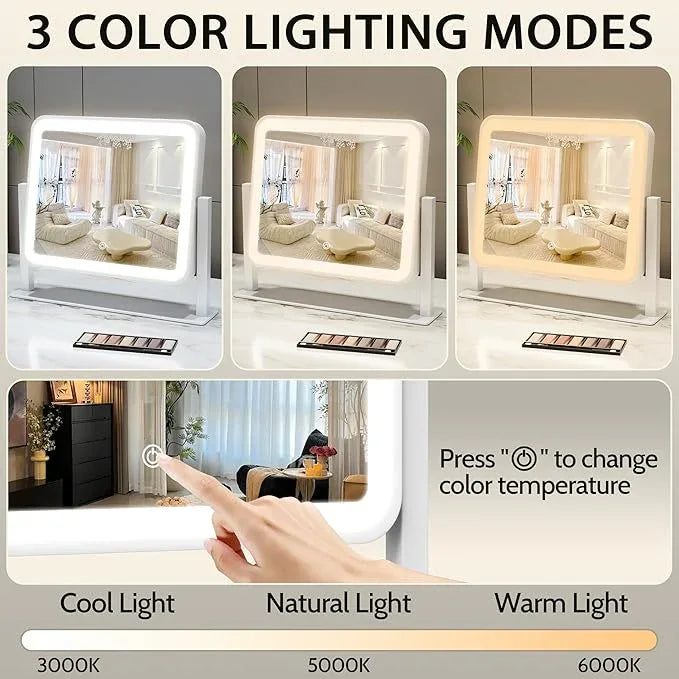 ROLOVE 14"x12"Vanity Mirror, Lighted Makeup Mirror for Vanity Desk, Smart Touch Control, 360° Rotation, 3-Color Modes, Gifts for Women, Bedroom, White - ModernBath