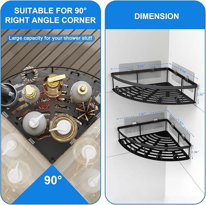 Corner Shower Caddy, 2 Pack Adhesive Bathroom Shower Corner Organizer Shelf, No Drilling Rustproof Wall Mounted Shower Storage Rack Shampoo Holder Organizer (Black) - ModernBath