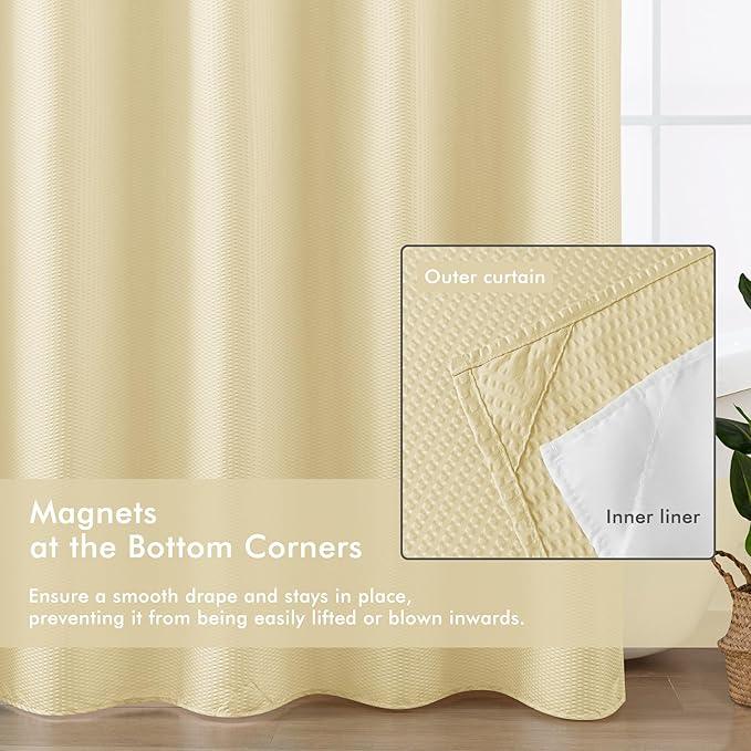 Mrs Awesome No Hook Shower Curtain with Snap-in Liner Less Time On/Off, Embossed Waffle-Look Textured Fabric Shower Curtain for Bathroom, Soft & Lightweight, 71x74, Beige - ModernBath