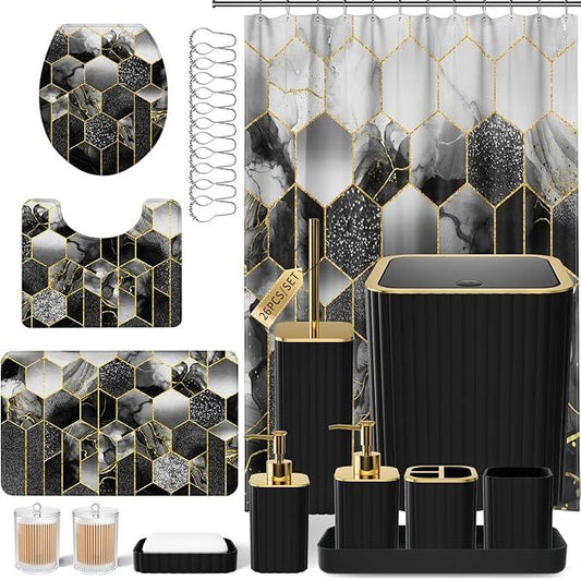 XLHOMO Bathroom Set - 26PC Bathroom Set with Shower Curtain and Rugs, Bathroom Accessory Set, Black Bathroom Accessories Set, Trash Can & Soap Dispenser - ModernBath