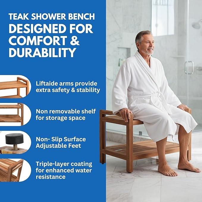 EcoDecors Eleganto 24 Inch Natural Color Waterproof Teak Wood Shower Bench Stool Seat Chair For Inside Shower Provides Safety, Storage, and Organization For Bathroom Accessories - ModernBath