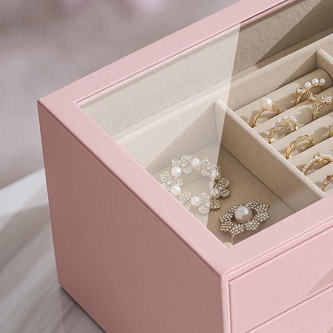 pickpiff Jewelry Box Organizer Case for Women: 3-Layer Jewelry Storage Case with Glass Window, Pink Leather with Velvet Holder for Ring Necklace Bracelet Brooch Watch, Great Gift for Her - ModernBath