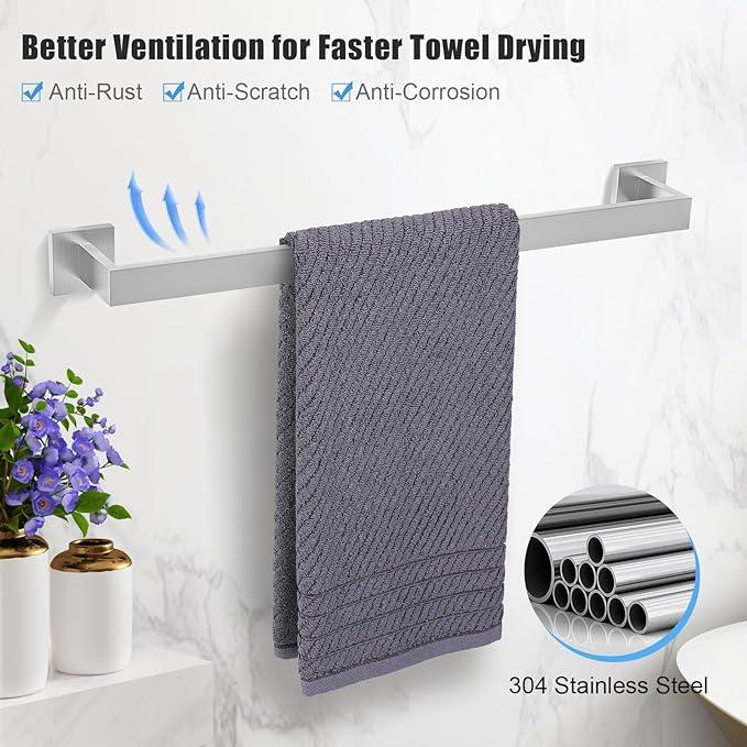 TURS Bathroom Hardware Set 4-Piece Brushed Bath Towel Bar Set Include 24 Inch Towel Bar Hand Towel Holder Towel Hook Toilet Paper Holder with Shelf Stainless Steel Bathroom Accessories Set - ModernBath